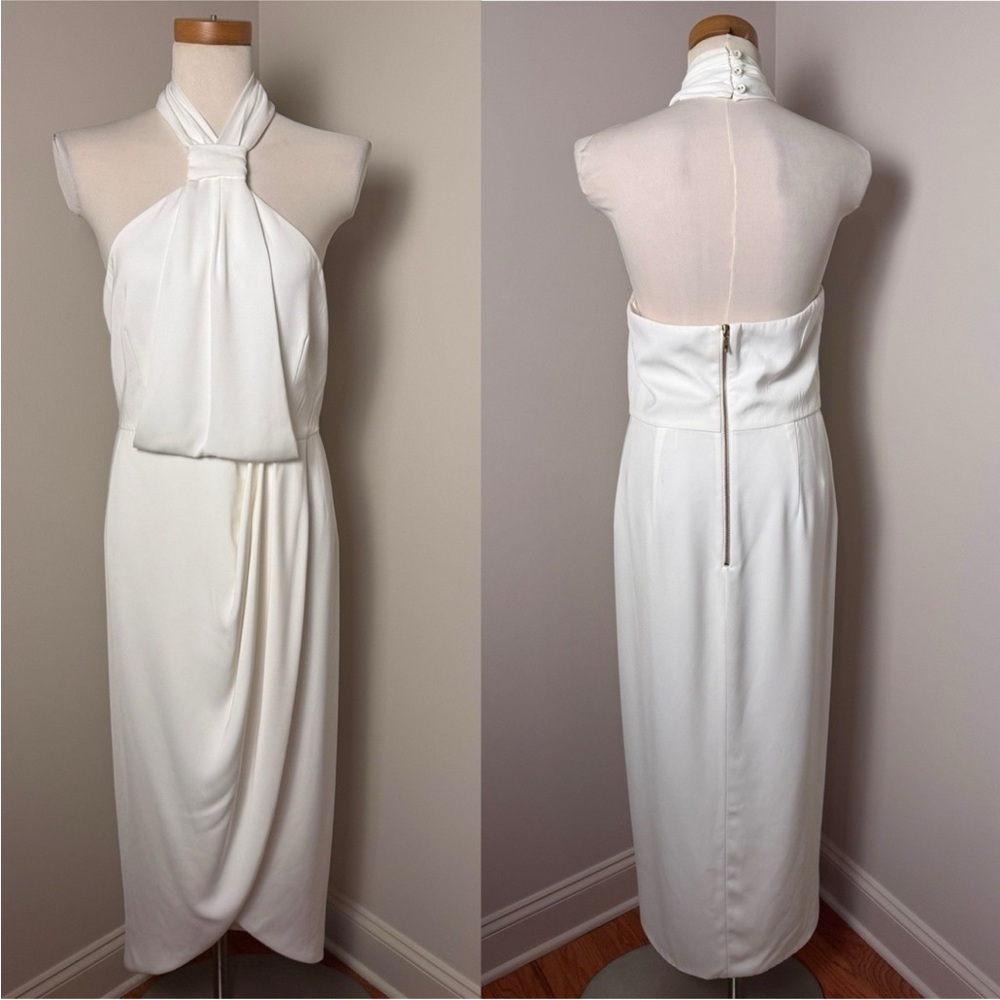 Shona Joy Knot Dress in Ivory Halter Neck Draped Tulip Hem Sz 2